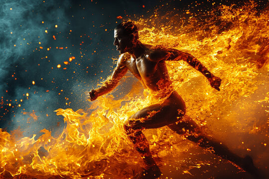 Athletic male figure running on fire, concept of strength, energy