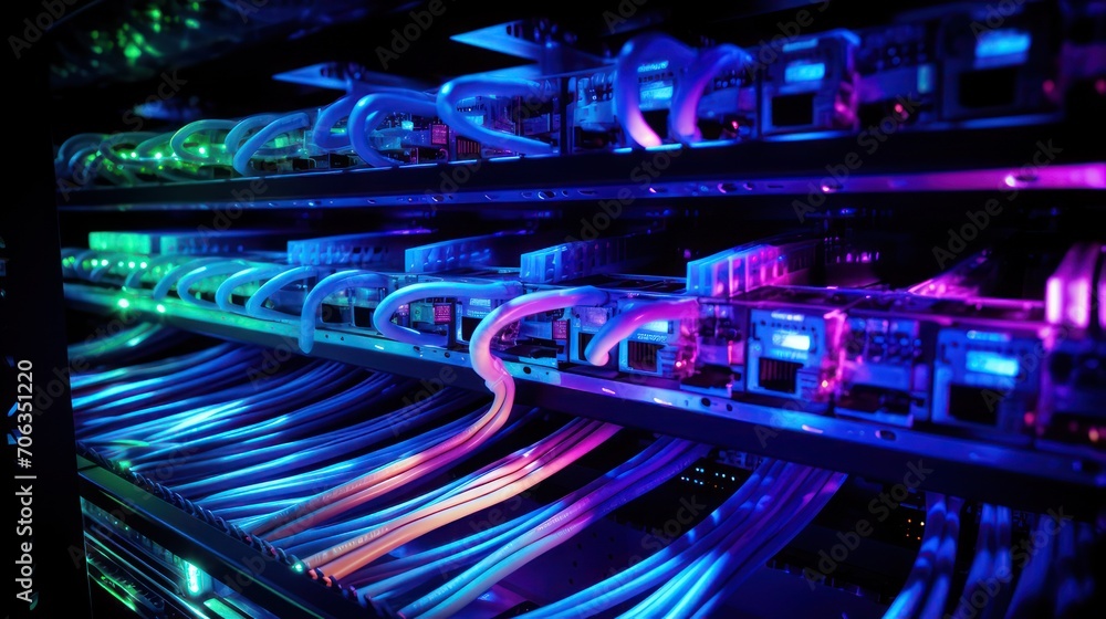 Poster close up view of neat lan cables in a data center rack