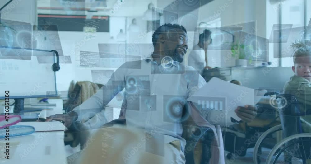 Poster animation of data processing over diverse colleagues discussing work in office