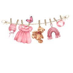 Watercolor baby clothes on a rope.  Hand drawn illustration for baby shower