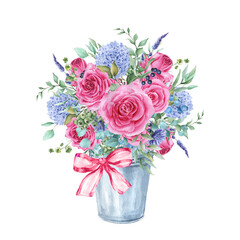 Watercolor illustration of a rustic bouquet of roses and hydrangeas in a bucket, isolated on white