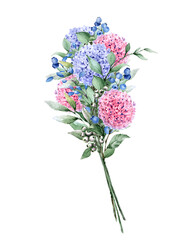 Watercolor bouquet of hydrangeas. Hand drawn illustration isolated on white background