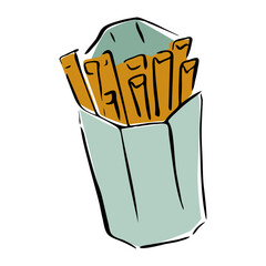 French fries single vector clip art. Hand-drawn doodle illustration of fast food