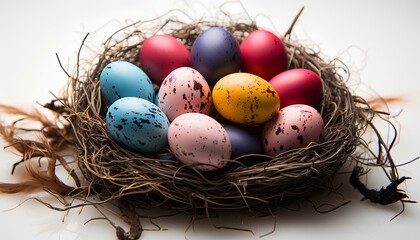 eggs in nest. easter eggs in nest isolated on white background. colourful easter eggs in celebration of easter. decorated easter eggs isolated. spring time eggs. eggs