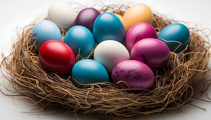 eggs in nest. easter eggs in nest isolated on white background. colourful easter eggs in celebration of easter. decorated easter eggs isolated. spring time eggs. eggs