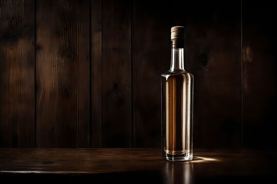 premium  alcohol bottle mockup , liquor branding on wooden surface