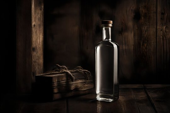 spirit  bottle brand template , liquor branding on dark wooden background