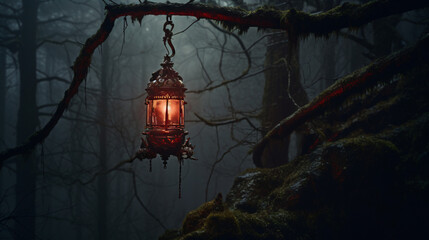 A single lit lantern hanging from a branch