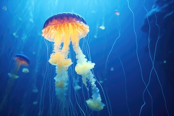 luminescent jellyfish in a deep blue sea