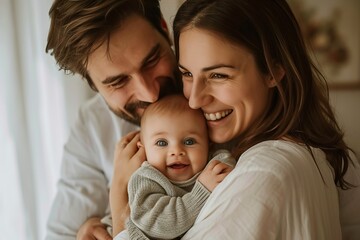 Happy man holding adorable baby near smiling wife