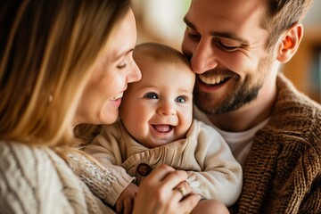 Happy man holding adorable baby near smiling wife