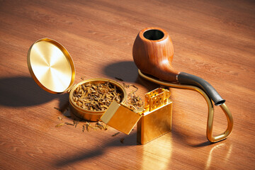Exquisite Tobacco Pipe with Golden Lighter on Rich Mahogany Desk
