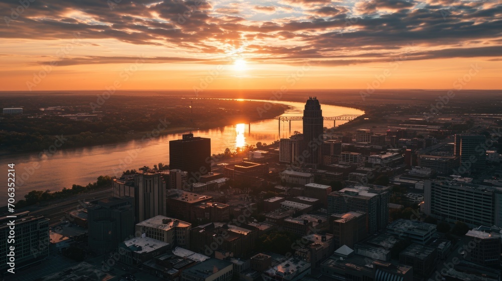 Poster a stunning image of the sun setting over a city skyline with a river. perfect for various projects a