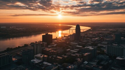 A stunning image of the sun setting over a city skyline with a river. Perfect for various projects and designs