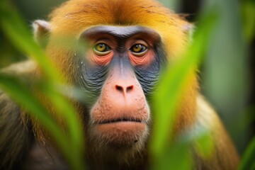 close-up of a mandrills vibrant face among green leaves - obrazy, fototapety, plakaty