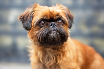 Purebred purebred beautiful dog breed Brussels Griffon, background nature.