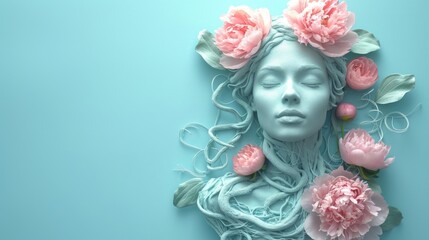 A sculpture of a woman with flowers in her hair.