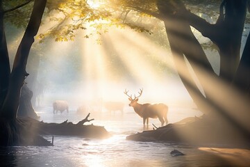 sun rays piercing through trees onto oxen in a misty stream - obrazy, fototapety, plakaty