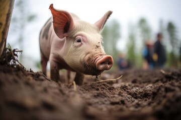 curious pig investigating fresh mud