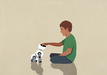 Boy playing with toy robotic dog
