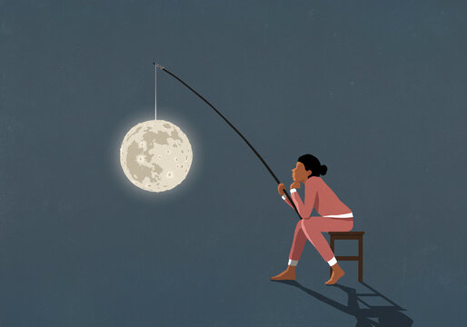 Woman in pajamas with full moon on fishing pole, suffering insomnia
