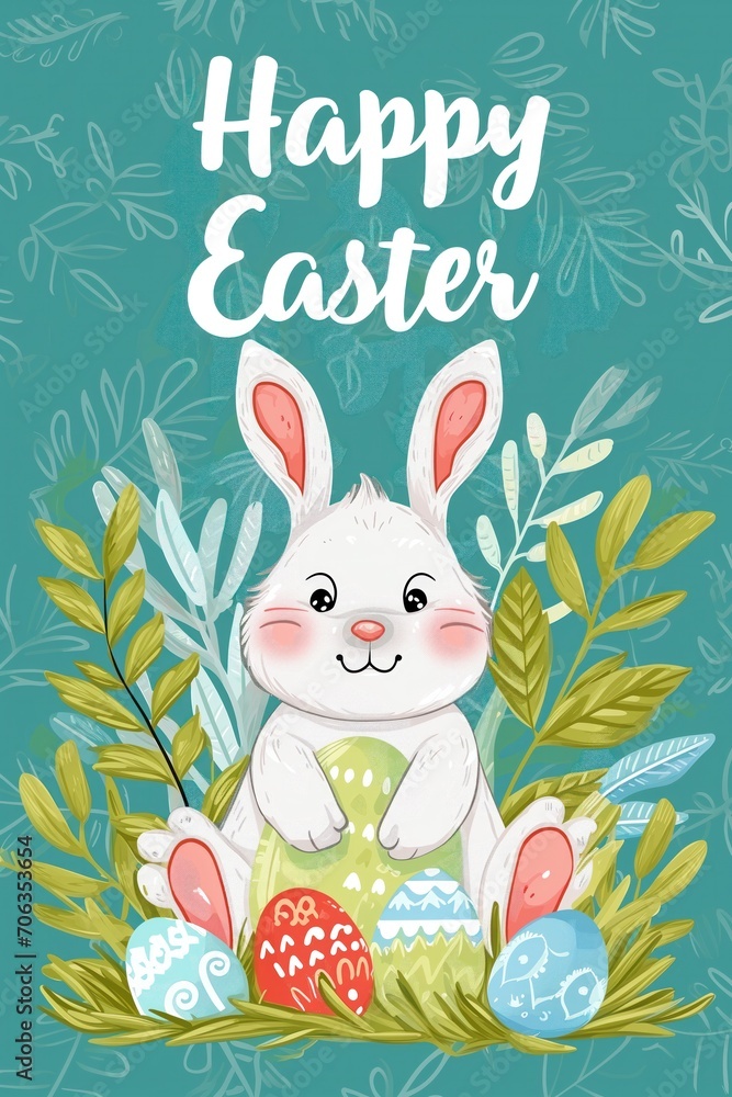 Wall mural happy easter bunny illustration on neutral background with cute easter eggs