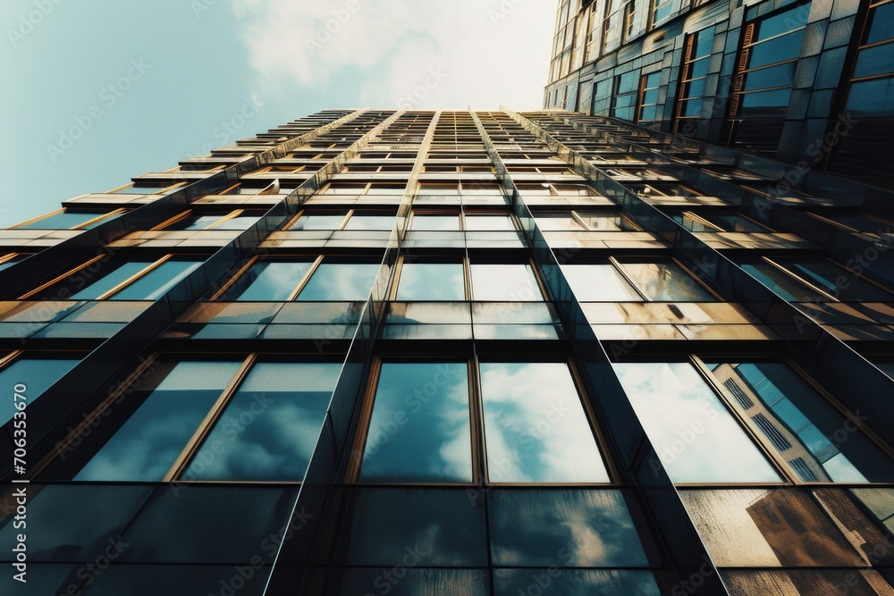 Poster a picture of a tall building with numerous windows against a sky background. ideal for architectural