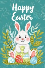 happy easter bunny illustration on neutral background with cute easter eggs