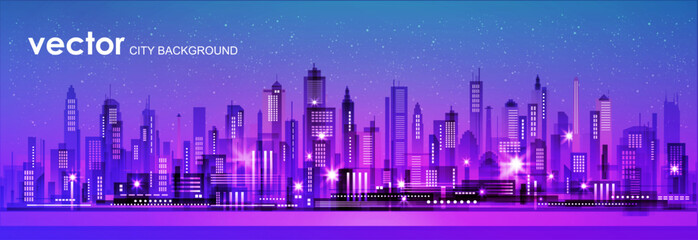 Urban vector cityscape at night. Skyline city silhouettes. City background with architecture, skyscrapers, megapolis, buildings, downtown. - 706353681