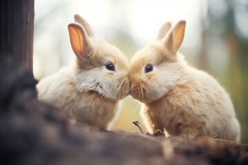 two rabbits touching noses - obrazy, fototapety, plakaty
