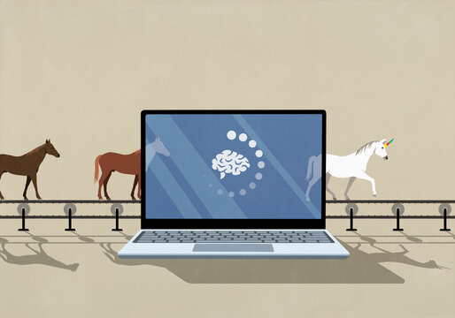 Horses becoming unicorns on treadmill behind buffering brain on laptop screen
