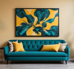Loft home interior design of modern living room. Dark turquoise tufted sofa with vibrant yellow pillows against beige stucco wall with abstract art poster frame mockup