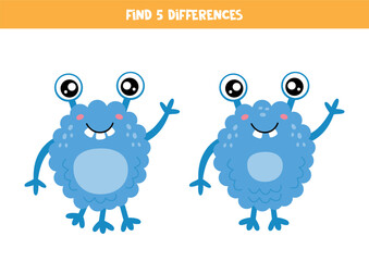 Find 5 differences between two cute cartoon blue monsters.