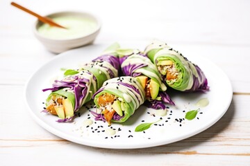 avocado and purple cabbage wraps with a tahini drizzle on white plate