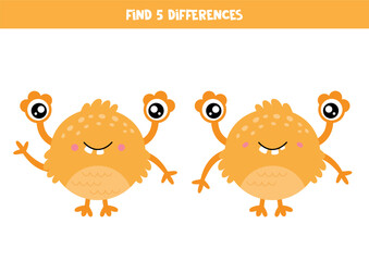 Find 5 differences between two cute cartoon yellow monsters.