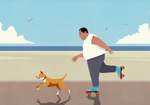 Overweight man roller skating with dog on beach boardwalk
