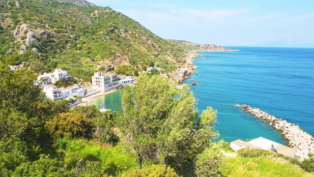 Therma, Ikaria island of Greece longevity blue zone cityscape of thermal hot springs city town village at Greek Icarian Aegean sea