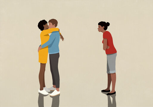 Angry, jealous woman watching couple hugging and kissing
