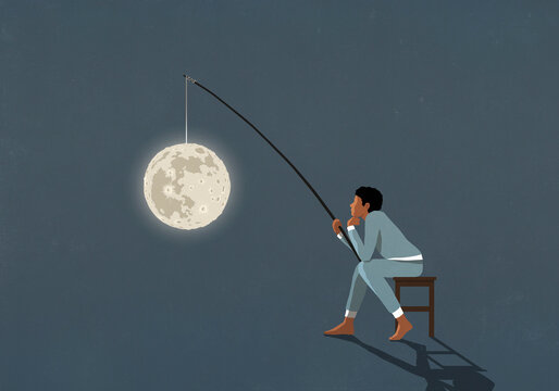 Man in pajamas with full moon on fishing rod at night
