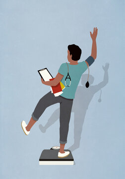 Man with clipboard, books and blood pressure cuff falling off weight scale
