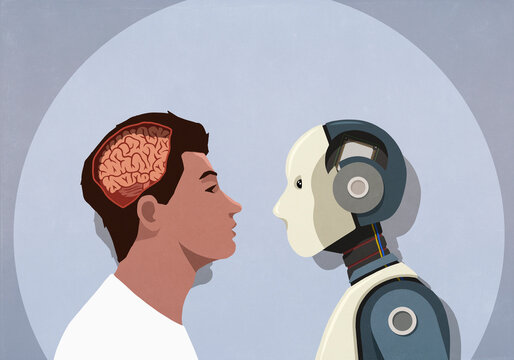 Robot and man with exposed brain face to face in spotlight, human vs artificial intelligence
