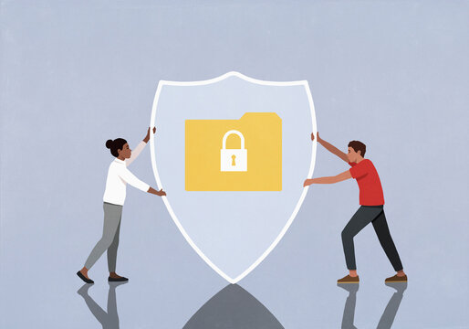 Couple placing shield over padlocked digital file folder
