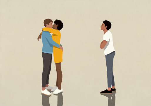 Angry, jealous man watching couple hugging and kissing
