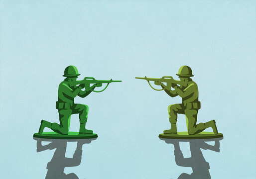 Toy soldiers with rifles face to face on blue background
