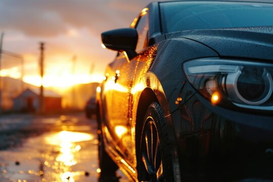 A car is parked in the rain at sunset. This image can be used to depict a moody and atmospheric scene