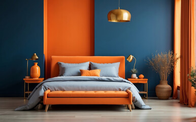 Bed and bench against orange and blue wall. Art deco interior design of modern bedroom