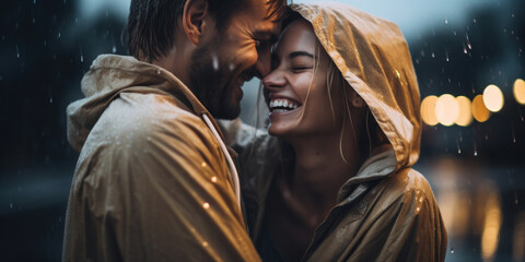 A carefree young couple in raincoats, laughing outdoors, embraces under the autumn sunlight.