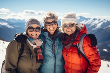 Happy senior women on mountain ski resort with picturesque view on the background.