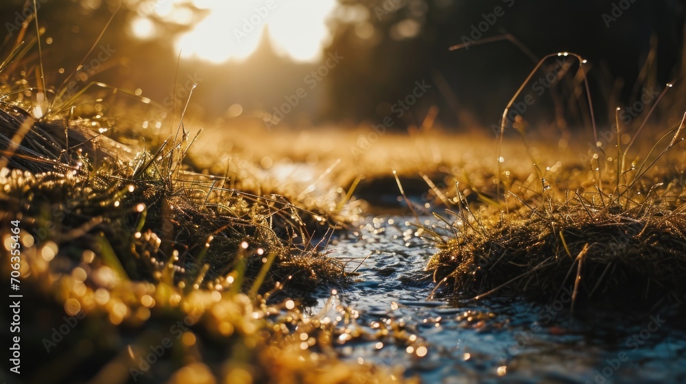 Poster a small stream running through a grass-covered field. suitable for nature and landscape themes