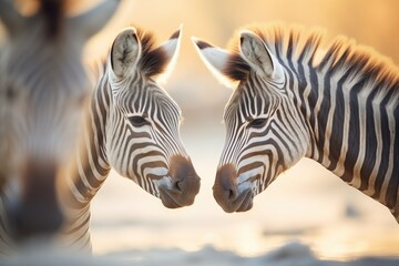 Fototapeta na wymiar zebras interacting, heads close at waterhole